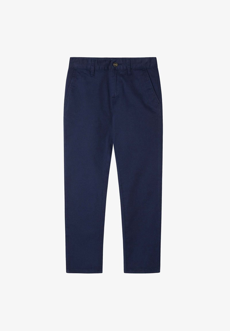 Pantalon bleu marine droit avec poches avant, passants de ceinture et fermeture par bouton à la taille.