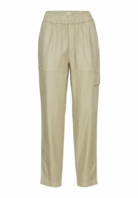 Beige linnedragt med elastisk talje, lige ben, to frontlommer og en sidedepotlomme, i et struktureret, åndbart stof.