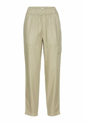 Beige linen trousers with an elastic waistband, straight legs, two front pockets, and a side cargo pocket, featuring a textured, breathable fabric.
