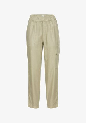Beige Leinenhose mit elastischem Bund, geraden Beinen, zwei Vordertaschen und einer seitlichen Cargo-Tasche, aus strukturiertem, atmungsaktivem Stoff.