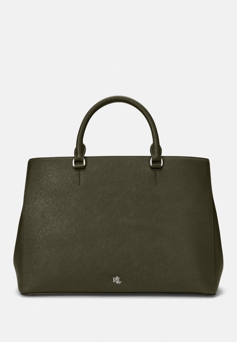 Sac à main en cuir vert olive, de forme structurée, avec deux poignées supérieures et une finition texturée subtile ; il comporte un petit logo au centre en bas.