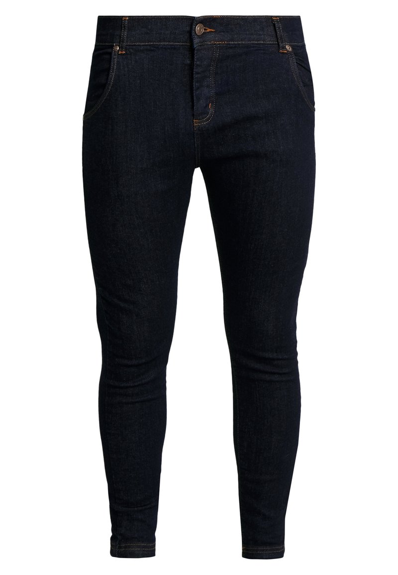 Jeans ajustados de mezclilla azul oscura con un diseño clásico de cinco bolsillos, con costuras naranjas y cierre de botón. Textura suave y forma ajustada.