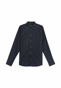 Mörkblå långärmad skjorta med krage som stängs med knappar, prydd med ett mönster av små guldprickar, tillverkad av ett mjukt tyg.
