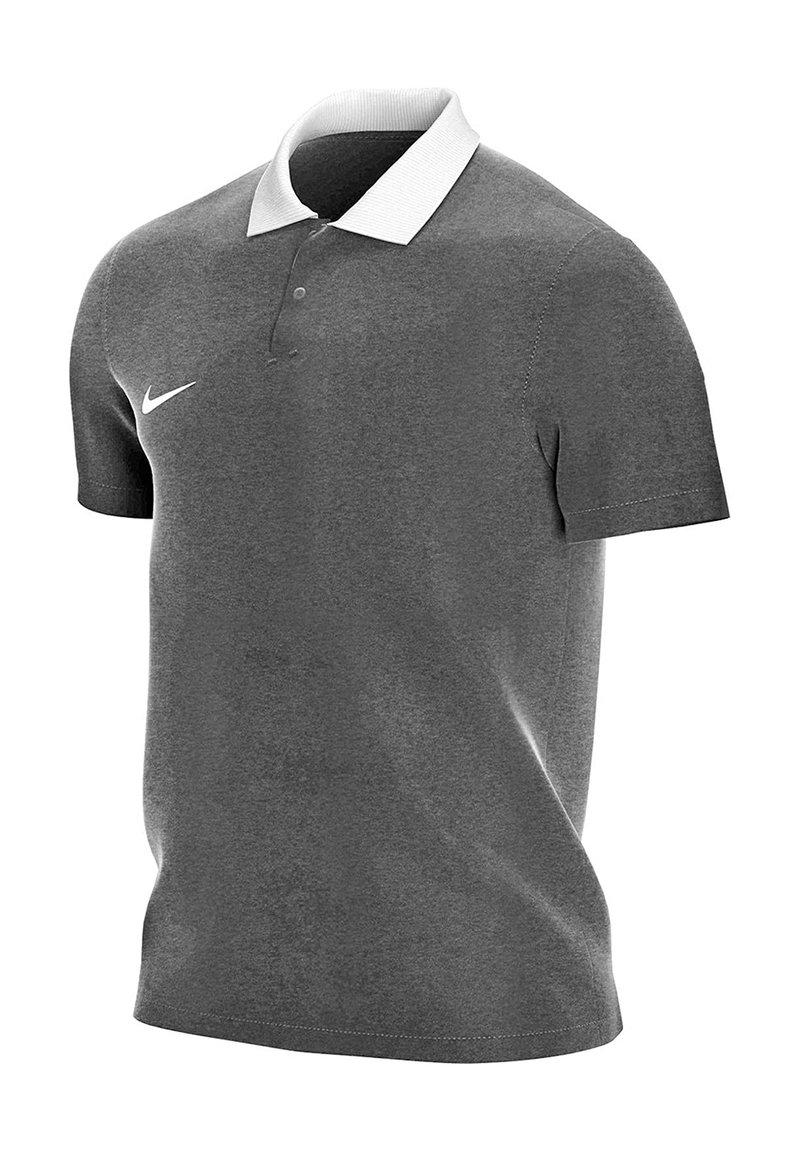 Graues Polohemd aus Baumwolle mit einem weißen Kragen, zwei Knöpfen, kurzen Ärmeln und einem kleinen Nike-Logo auf der linken Brust.