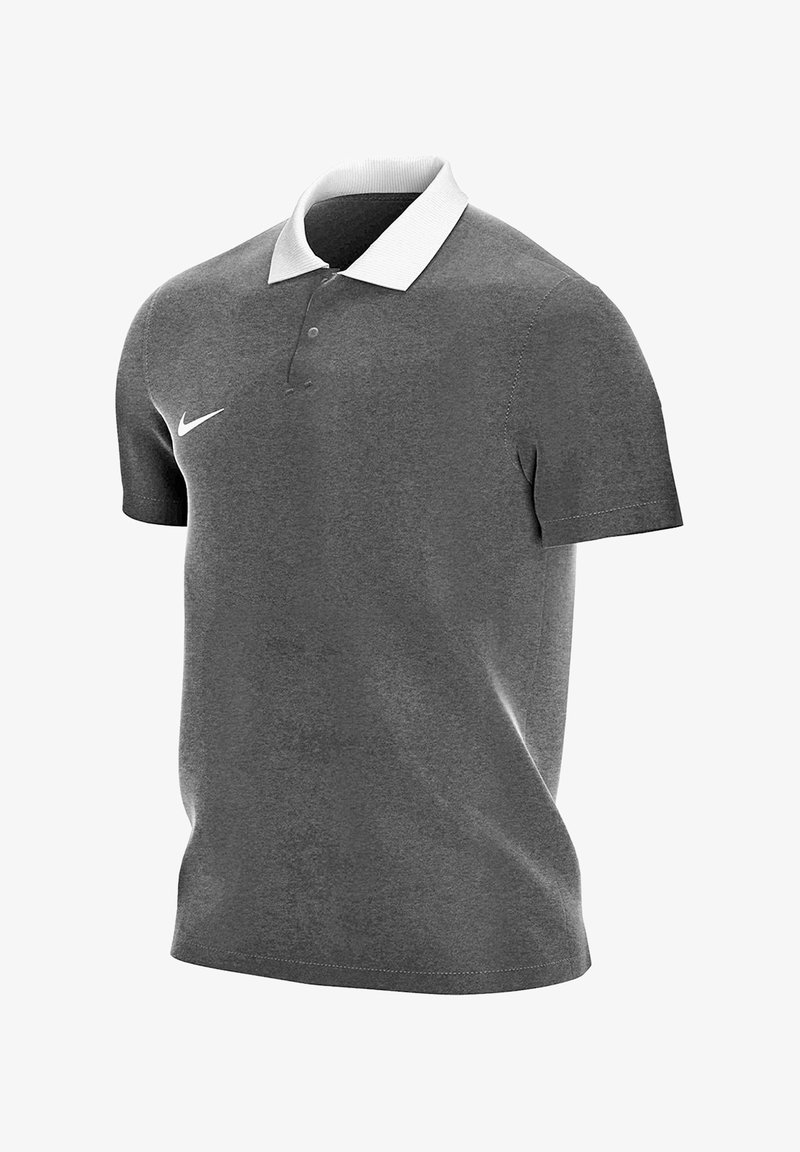 Šedé polo tričko vyrobené z bavlny, se bílým límečkem, dvěma knoflíky, krátkými rukávy a malým logem Nike na levé části hrudi.