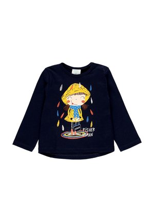Chemise bleu marine à manches longues avec une fille souriante en imperméable jaune et chapeau, écharpe bleue, gouttes de pluie colorées et texte « Fisher Woman ».
