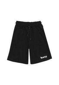 Pantaloni corti neri in cotone con cintura elastica e cordino. Presentano tasche laterali e un logo bianco stampato sulla parte bassa della gamba destra.