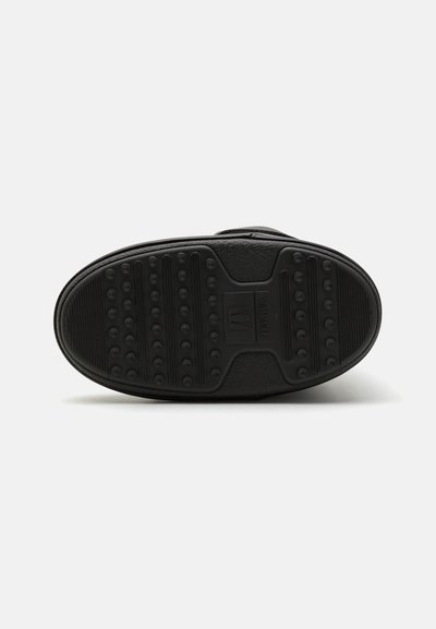 Semelle de chaussure en caoutchouc noir avec une surface texturée, comportant des motifs de grip circulaires et des rainures pour une meilleure adhérence. Design simple et minimaliste.