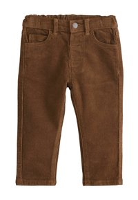 Pantaloni in velluto a coste marroni con una texture morbida, design a gamba dritta, vita elasticizzata e cinque tasche tra cui due frontali e due posteriori.