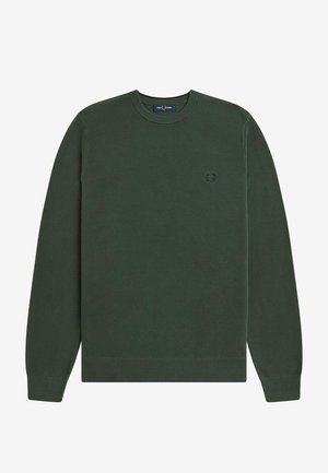 Maglione verde scuro lavorato a maglia con scollatura rotonda, maniche lunghe e polsini e orlo a costine. Presenta un piccolo logo sul petto.