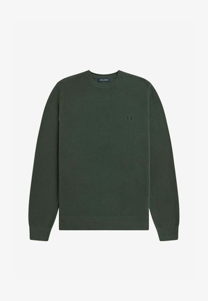 Maglione verde scuro lavorato a maglia con scollatura rotonda, maniche lunghe e polsini e orlo a costine. Presenta un piccolo logo sul petto.