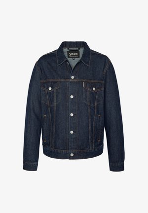 Dark denim jacket with a classic cut. Features two chest pockets, button front, and visible orange stitching. Smooth texture, sturdy fabric.
