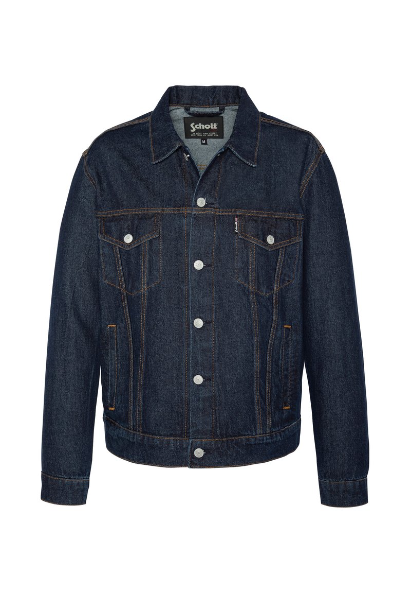 Veste en denim foncé à la coupe classique. Elle possède deux poches poitrine, un devant à boutons et des coutures oranges visibles. Texture lisse, tissu solide.