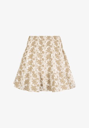 Gonna bianca con balze a strati, decorata con ricami floreali beige e una vita elasticizzata arricciata.