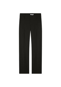 Czarne spodnie o prostym kroju nogawki, z plisami z przodu, gładką teksturą i klasycznym pasem. Brak widocznych kieszeni.