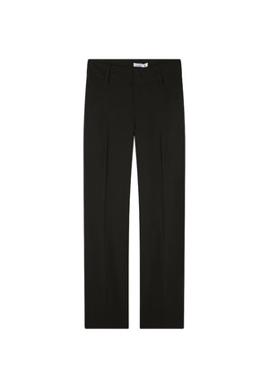 Pantaloni neri con design a gamba dritta, caratterizzati da pieghe frontali, una texture liscia e una vita classica. Senza tasche visibili.