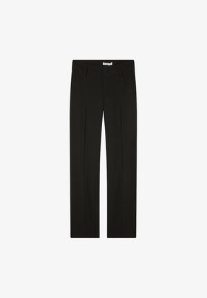 Pantaloni neri con design a gamba dritta, caratterizzati da pieghe frontali, una texture liscia e una vita classica. Senza tasche visibili.