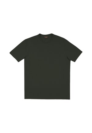 Camiseta de manga corta color verde oscuro con cuello redondo, extendida y sin logotipos ni patrones visibles.