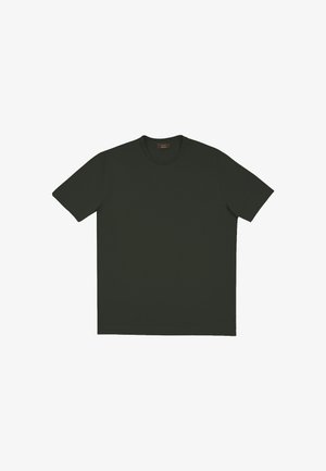 Dunkelgrünes T-Shirt mit kurzen Ärmeln und Rundhalsausschnitt, flach liegend ohne sichtbare Logos oder Muster.