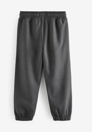 Pantaloni sportivi grigi, affusolati, con vita elastica e polsini alla caviglia, caratterizzati da una texture liscia e un design minimalista.