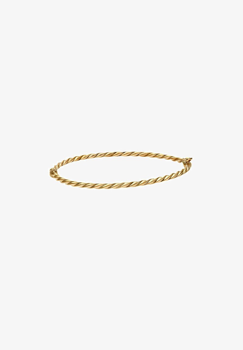 Braccialetto in filo d'oro intrecciato con design circolare liscio e una leggera lucentezza, dotato di una chiusura a scatto sicura.