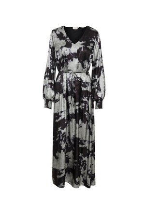 Abito lungo con un motivo tie-dye nero e grigio, caratterizzato da scollatura a V, maniche lunghe a sbuffo e una vita regolabile con lacci.