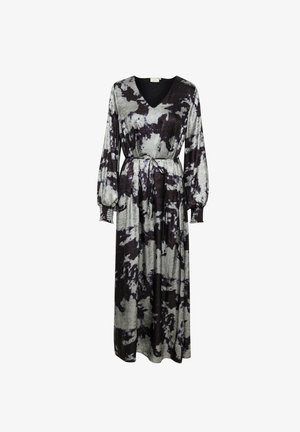 Maksikrajča s črno-sivo tie-dye vzorcem, z V-izrezom, dolgimi pufasto rokavi in pasom na vrvico za prilagodljivost.