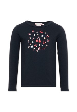 Camicia blu navy a maniche lunghe con collo rotondo, decorata sul davanti con un motivo circolare di ciliegie rosse e piccoli fiori bianchi e blu.