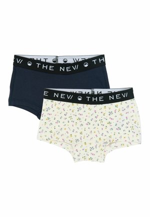 Dwie pary bawełnianych bokserek: jedna granatowa, druga kremowa z kwiatowym wzorem. Obie mają czarne elastyczne pasy w talii z logo "THE NEW".
