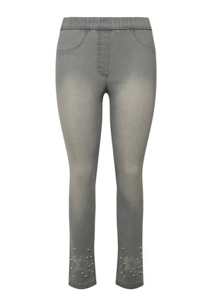 Szare legginsy dżinsowe z elastycznym pasem, zdobione dekoracyjnymi koralikami i wzorami gwiazdek na kostce. Gładka struktura i dopasowany krój.