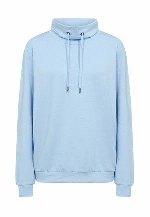 Hellblauer Pullover mit langen Ärmeln, hohem Schalkragen mit Kordelzug sowie gerippten Bündchen und Saum.