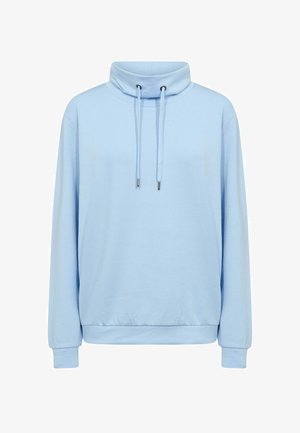 Világoskék hosszú ujjú pulóver magas garbónyakkal és húzózsinórokkal, bordázott mandzsettákkal és szegéllyel.