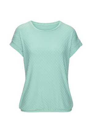 Light turquoise short-sleeve women's top with subtle diamond textured pattern, round neckline, and relaxed fit.