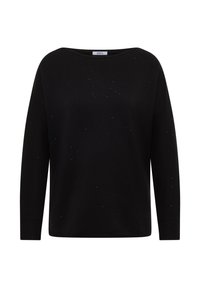 Maglione nero con maniche lunghe, scollatura rotonda e piccoli accenti argentati sparsi. Tessuto morbido con polsini e fondo a coste.