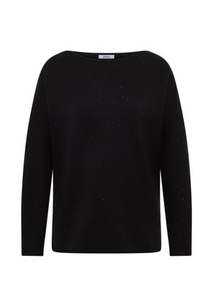 Musta villapaita, jossa on pitkät hihat, pyöreä pääntie ja ripoteltuja pieniä hopeisia yksityiskohtia. Pehmeä kangas, jossa on ribattu hihansuu ja helma.