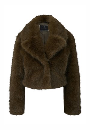 Bruine nepbont cropped jacket met een brede kraag en lange mouwen. Heeft een pluizige textuur en een nette voorkant zonder sluitingen.