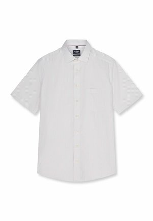 Herren-Kurzarmhemd mit feinen vertikalen grauen und weißen Streifen, einem Kragen und einer Brusttasche.