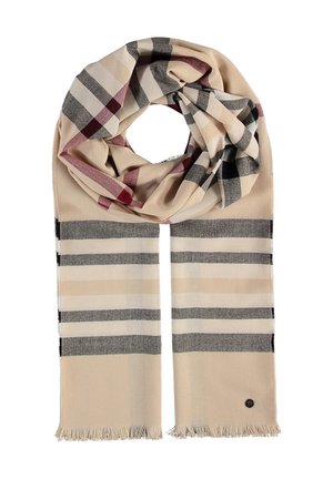 Écharpe beige avec motif à carreaux classique en rayures noires, blanches et rouges, bords à franges et petite étiquette ronde noire avec logo.