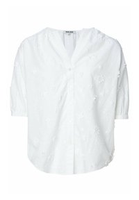 Hvid kortærmet bluse med v-hals, der har blomsterbroderi, knaplukning foran og samlede ærmer for en afslappet pasform.