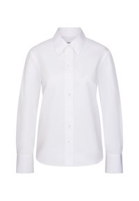 White long-sleeve button-up shirt made of smooth cotton. Features a classic collar, straight cut, and six front buttons with cuffed sleeves.