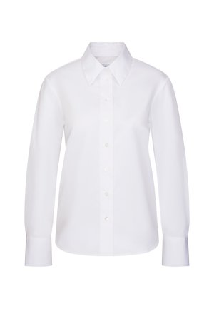 Camicia bianca a maniche lunghe, con bottoni, realizzata in cotone morbido. Presenta un colletto classico, taglio dritto e sei bottoni frontali con maniche a polsino.