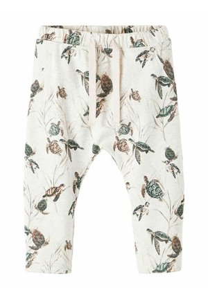 Jasnoszare spodnie dla małych dzieci z nadrukiem w całe żółwie morskie i wodorosty, elastycznym pasem i sznurkiem z przodu.