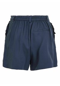 Shorts bleu marine avec une ceinture élastique, des poches latérales et une poche arrière. Fabriqués en tissu léger à la texture lisse.