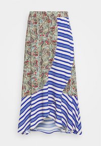 Multicolor sukňa s paisley vzorom v přírodních tónech a modro-bílými pruhovanými panely, s volánkovým lemem a elastickým pasem.