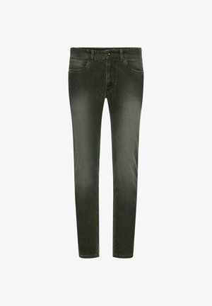 Jean en denim vert olive à coupe slim. Comprend cinq poches, des passants de ceinture et une fermeture à bouton unique à la taille. Texture délavée.