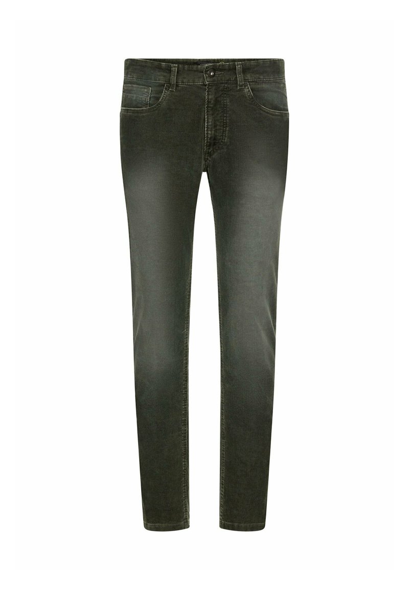 Olijfgroene denim jeans met een slim fit. Beschikt over vijf zakken, riemlussen en een enkele knoopsluiting in de taille. Licht gewassen textuur.