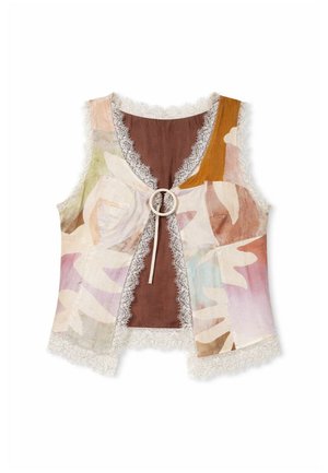 Varrukateta mitmevärviline patchwork-vest pitsiäärise ja esiosas paelaga, millel on ümmarguse rõngaga kinnis pruunist sisevoodrist.