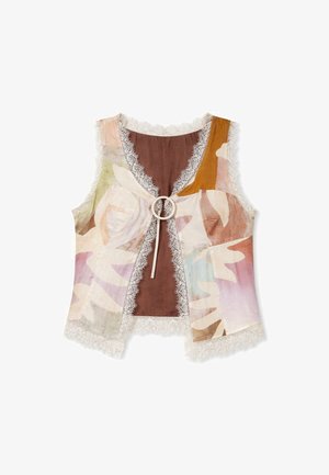 Gilet smanicato patchwork multicolore con bordatura in pizzo e laccio frontale con chiusura ad anello rotondo su uno strato interno marrone.