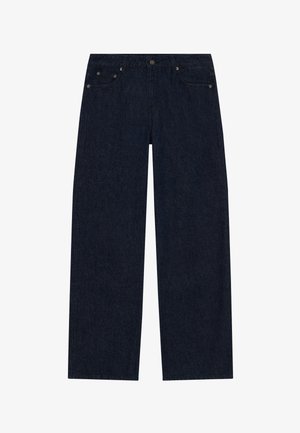 Dunkelblaue Denim-Hosen in weitem Schnitt mit einem Bund, Fronttaschen und einem Knopfverschluss. Glatte Textur mit minimalen Nähten.