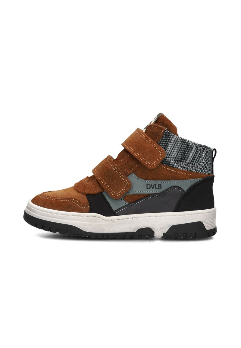 High-top sneaker with brown suede straps, blue and black panels, textured ankle collar, white sole, and black tread, side view.